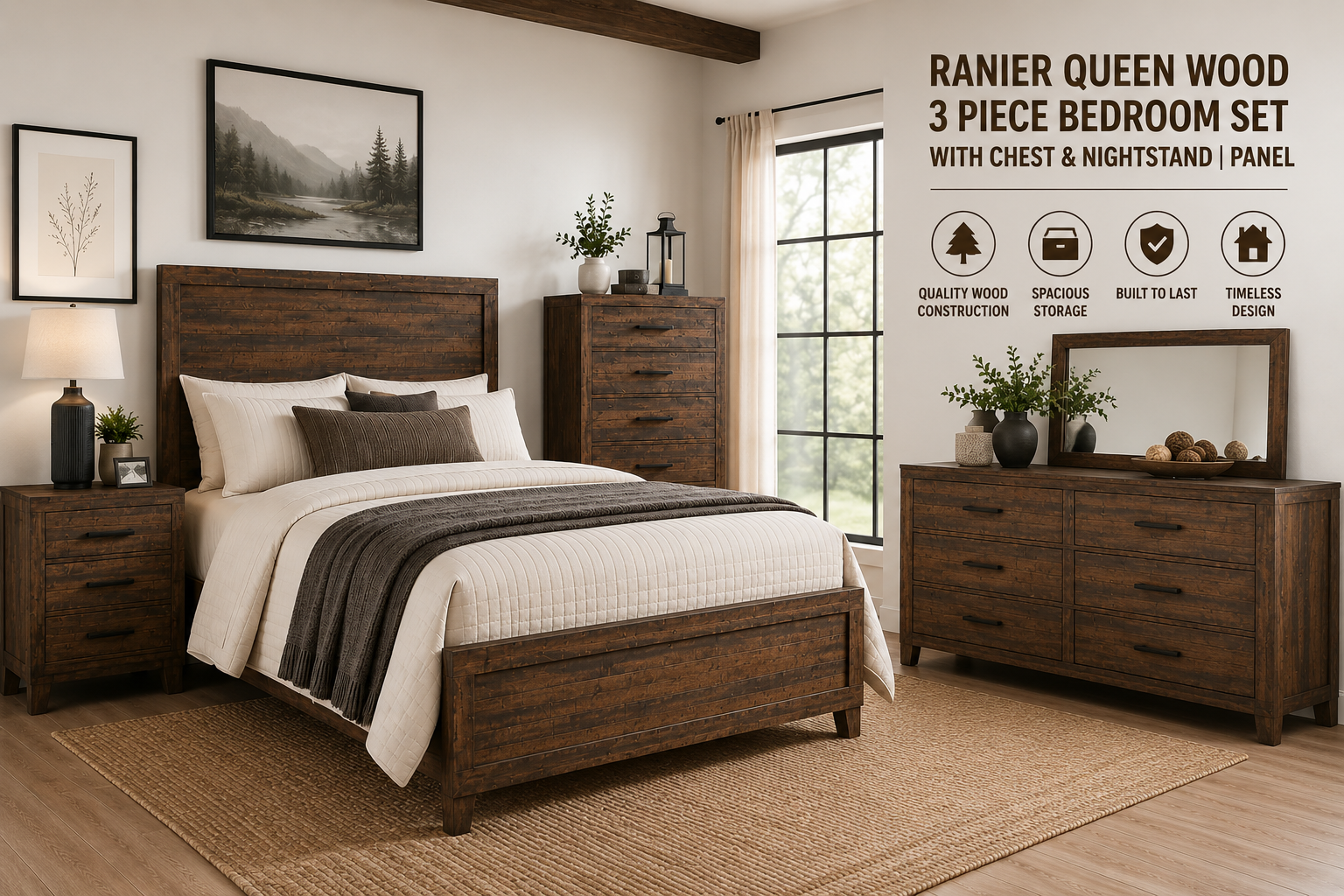 Transform Your Bedroom with the Ranier Queen Wood 3 Piece Bedroom Set With Chest & Nightstand | Panel