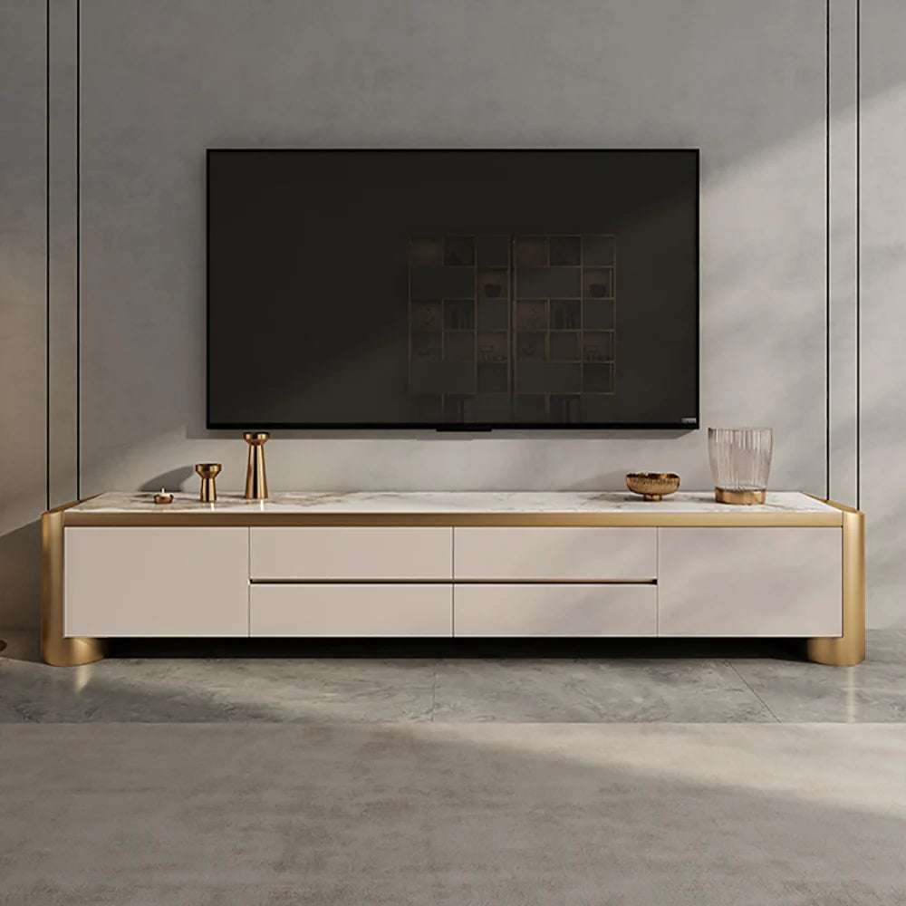 Modern 78.7" Off White & Gold TV Stand Sintered Stone Top with Storage for TVs up to 75"