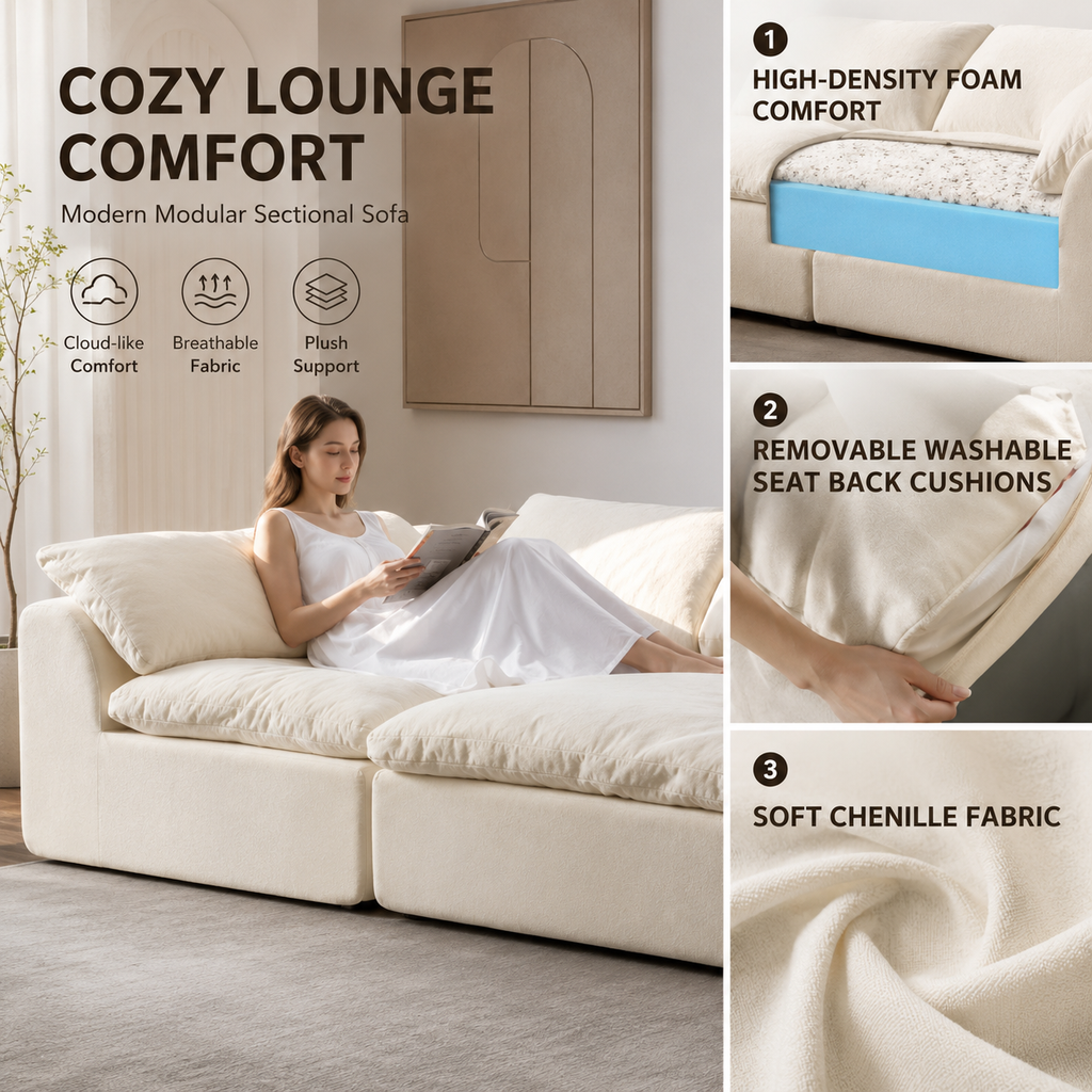 Modern Modular Cloud Sectional Sofa – Oversized Deep Seat Couch with Removable Cushions