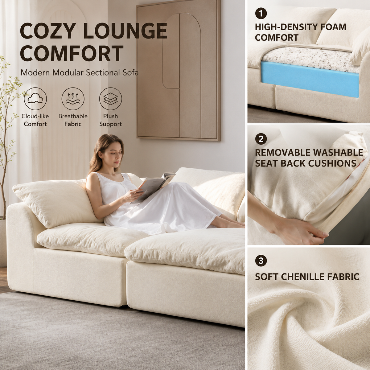 Modern Modular Cloud Sectional Sofa – Oversized Deep Seat Couch with Removable Cushions