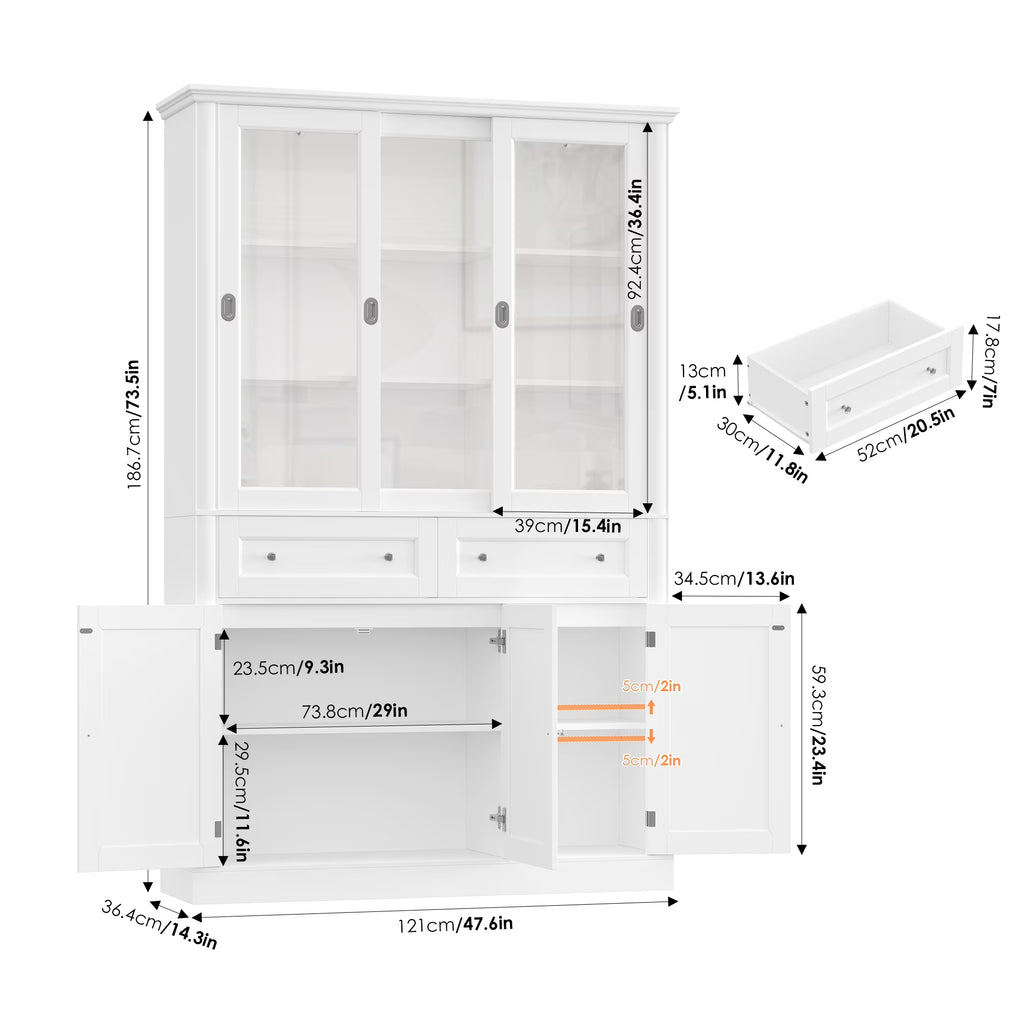 Homfa White Bookcase with Sliding Glass Doors, 73.5" Standard Bookcase with 2 Drawers, 5-tier Freestanding Storage Cabinet for Home Office Living Room