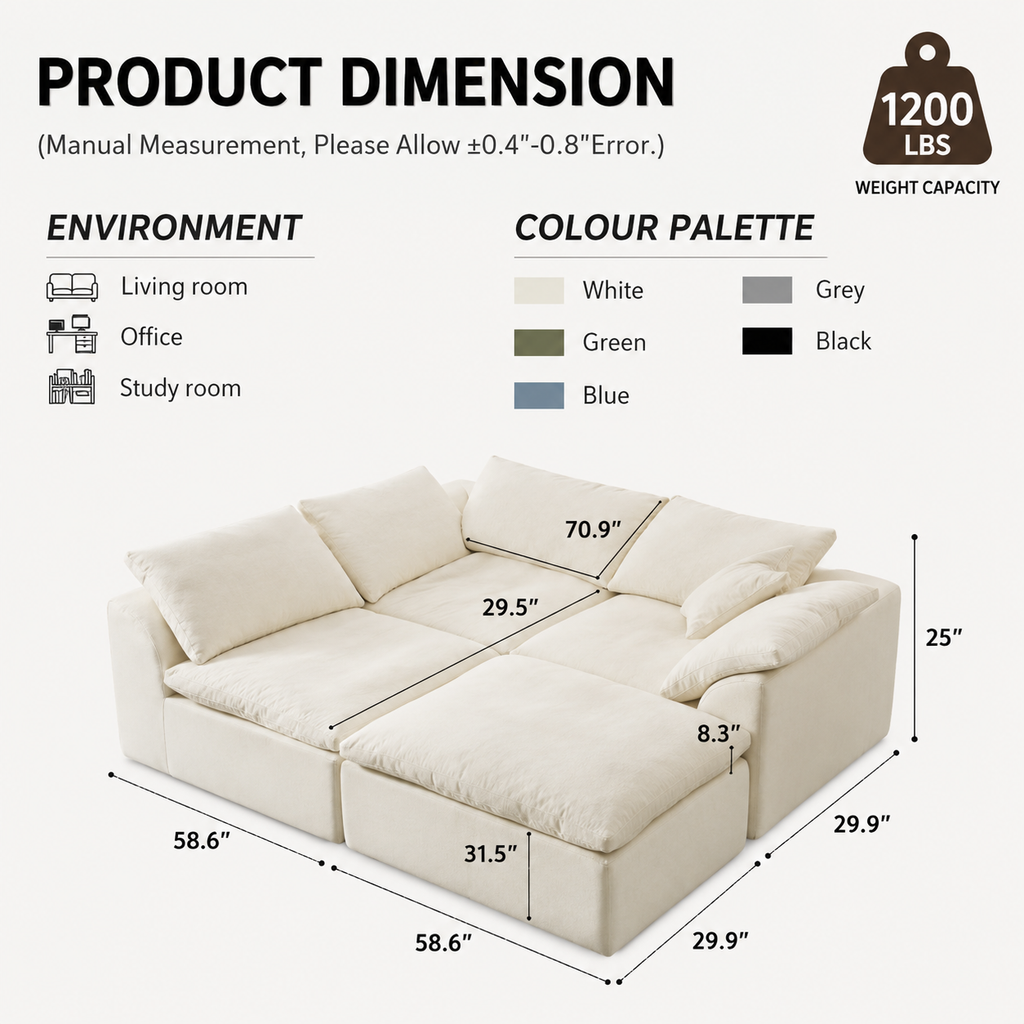 Modern Modular Cloud Sectional Sofa – Oversized Deep Seat Couch with Removable Cushions