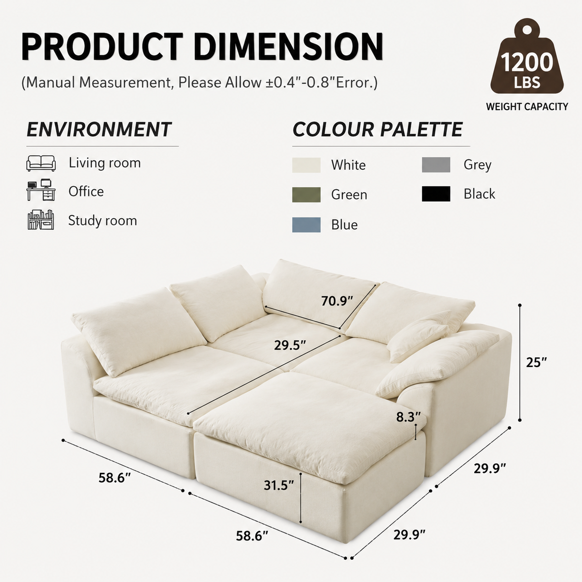 Modern Modular Cloud Sectional Sofa – Oversized Deep Seat Couch with Removable Cushions