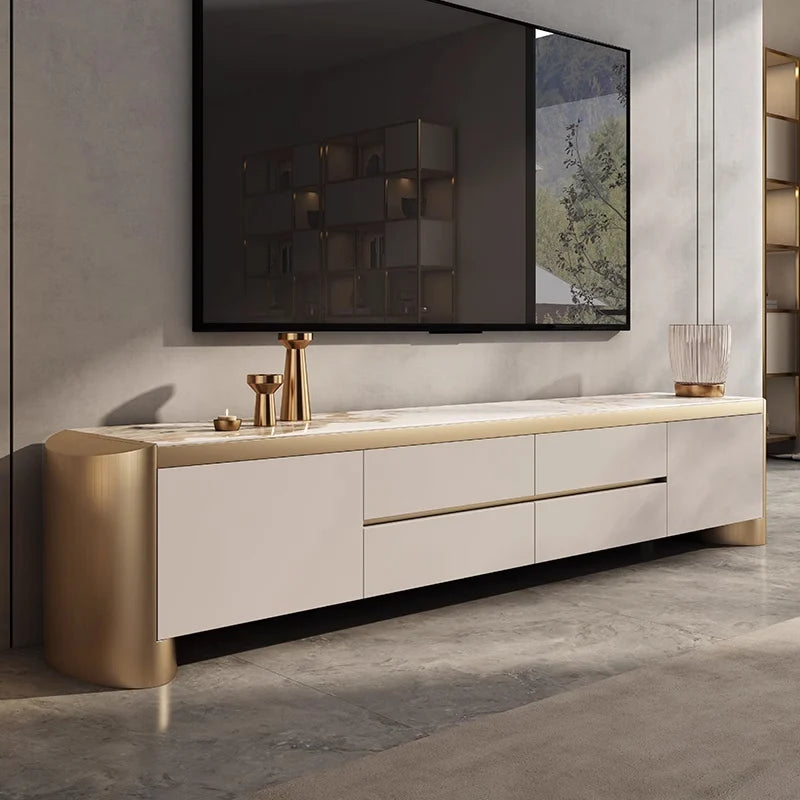 Modern 78.7" Off White & Gold TV Stand Sintered Stone Top with Storage for TVs up to 75"