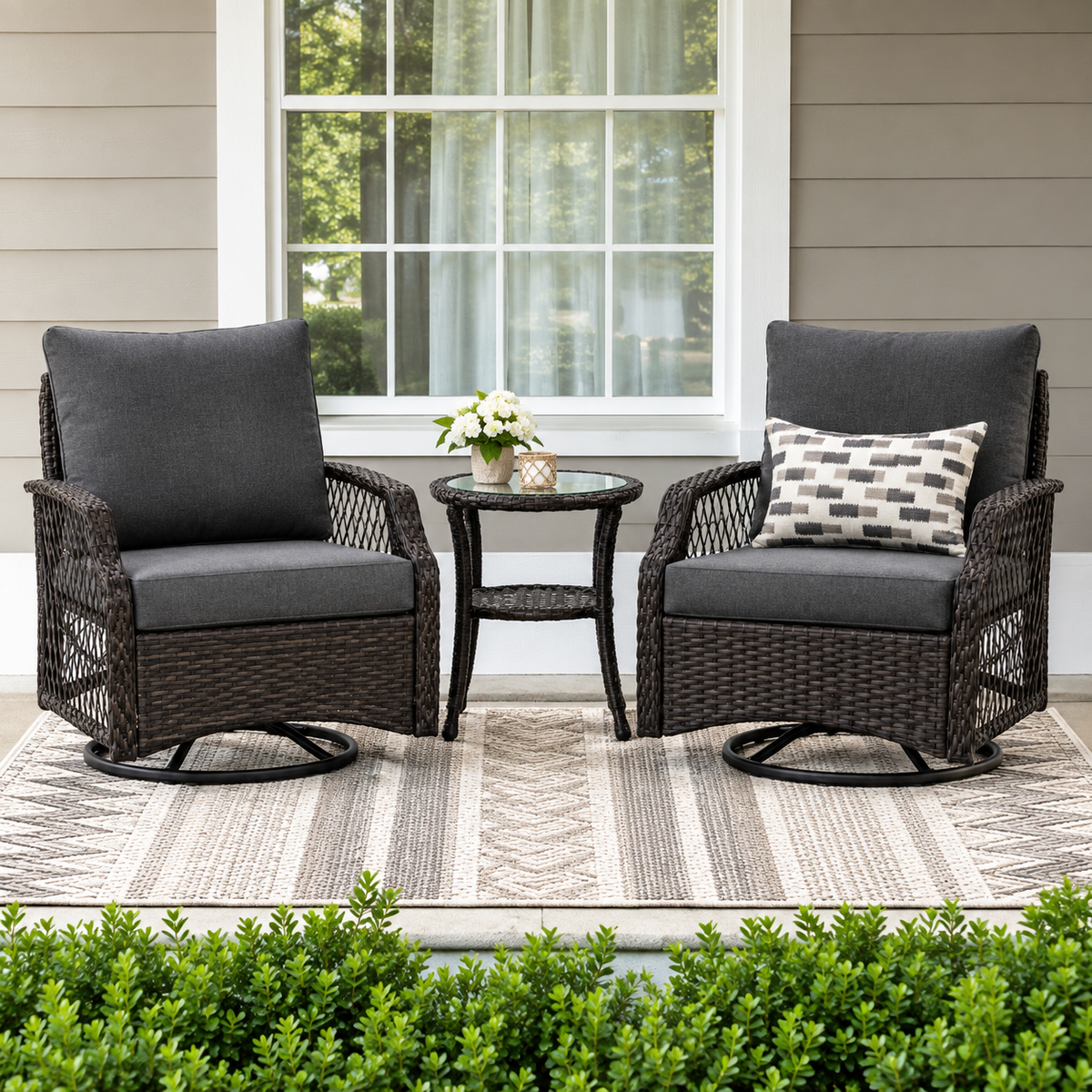 Westhaven™ 3-Piece Patio Conversation Set, Outdoor Wicker Swivel Chairs with Cushions and Matching Table, All-Weather Rattan Seating for Porch, Deck & Garden