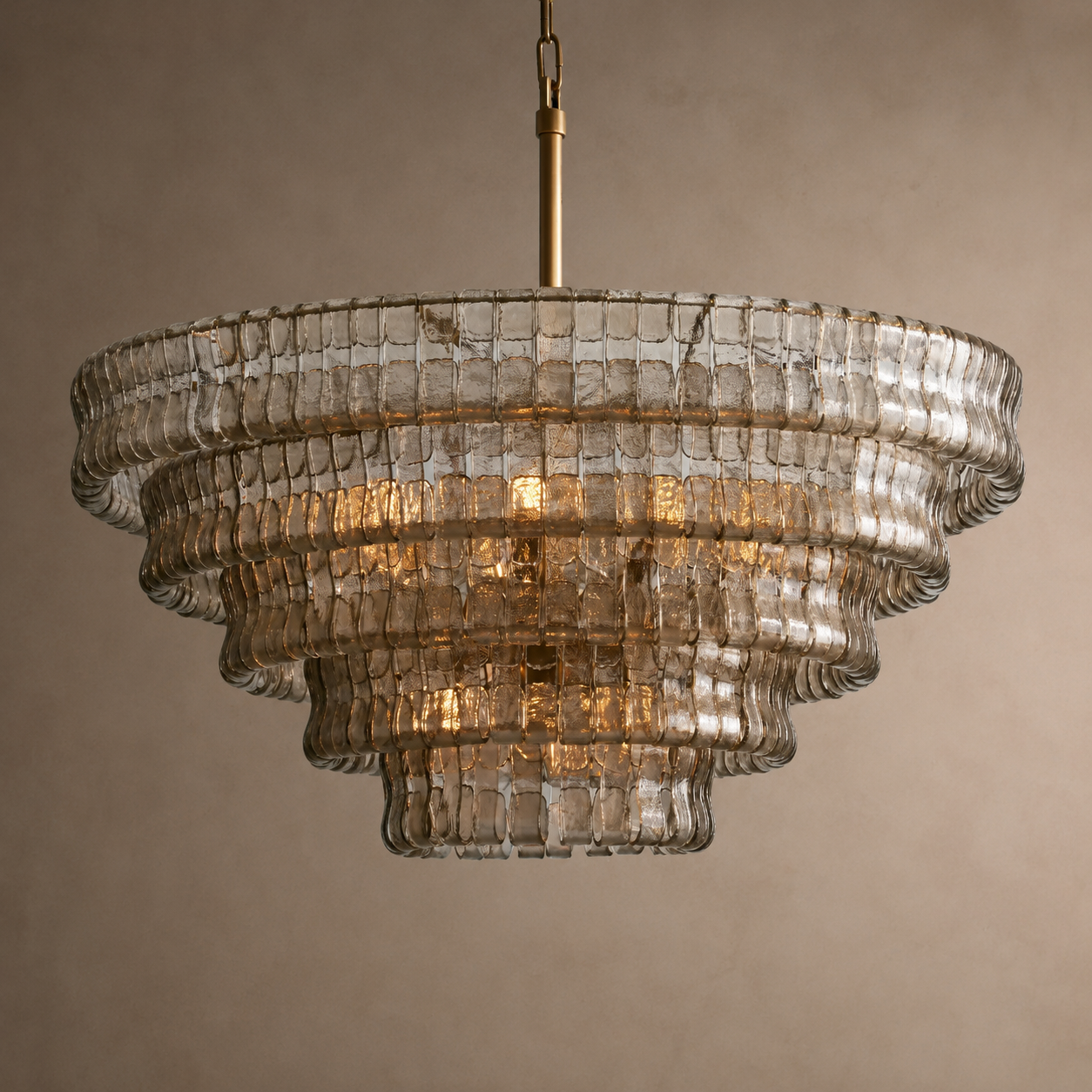 Tiered Textured Glass Chandelier – 60" / Smoke Glass / Brushed Gold