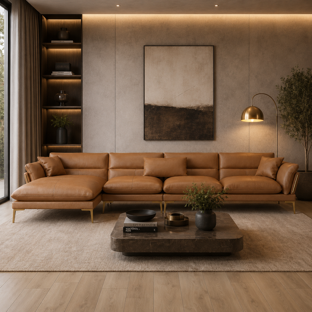 Modern Italian Sofa Chaise Sectional (146") Cognac, Leather