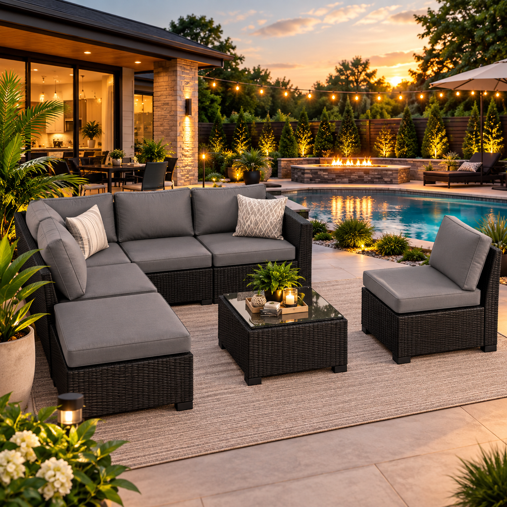 Modern Luxury Patio Sectional Sofa Set with Ottoman – Gray Wick