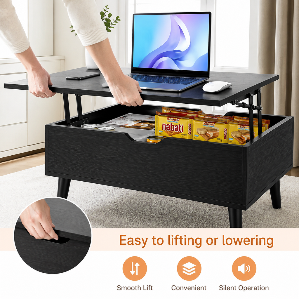 Easy Lift Top Coffee Tables For Living Room 39.37"x19.7" Desk Tea Wood Dining Tables Adjustable Storage Shelf Easy Lift Or Lower