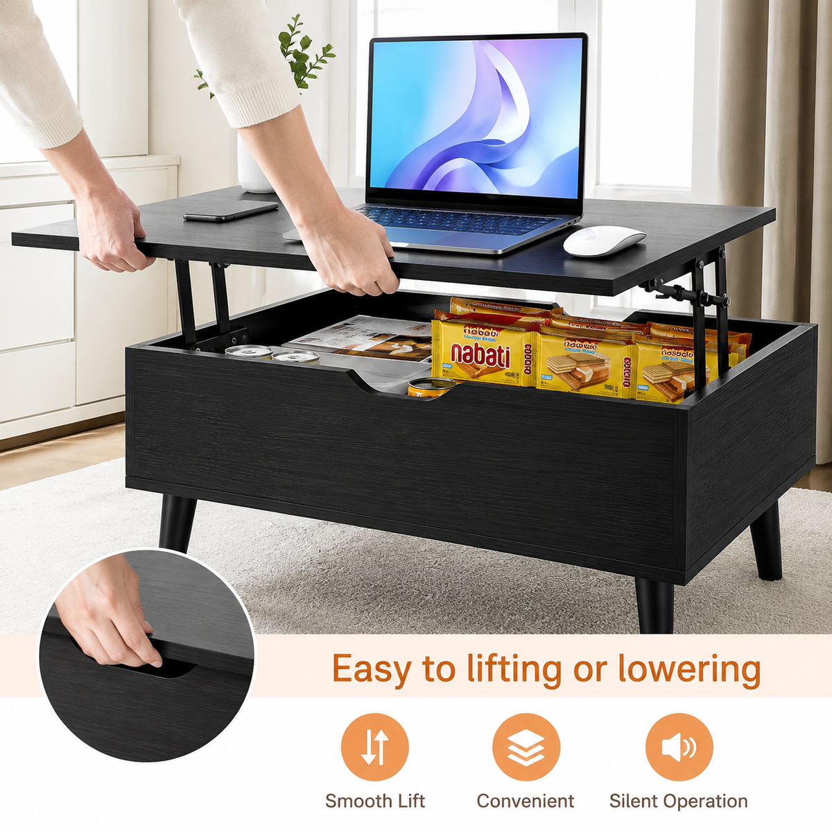 Easy Lift Top Coffee Tables For Living Room 39.37"x19.7" Desk Tea Wood Dining Tables Adjustable Storage Shelf Easy Lift Or Lower